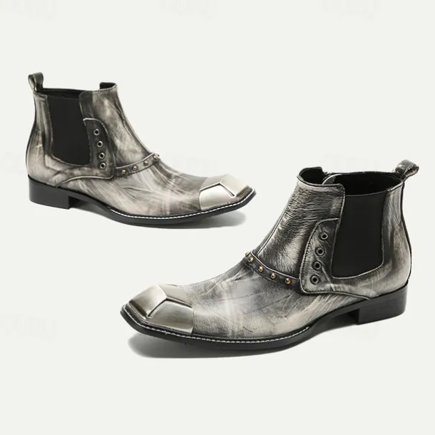 Men's Metallic Silver Leather Chelsea Motorcycle Boots – Pointed Toe Ankle Boots with Studded Detailing and Metal Toe Cap