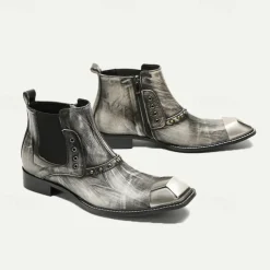 Men's Metallic Silver Leather Chelsea Motorcycle Boots – Pointed Toe Ankle Boots with Studded Detailing and Metal Toe Cap