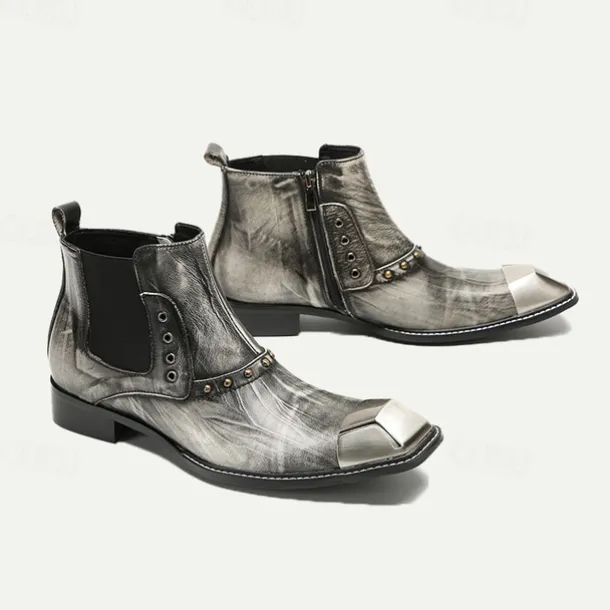 Men's Metallic Silver Leather Chelsea Motorcycle Boots – Pointed Toe Ankle Boots with Studded Detailing and Metal Toe Cap