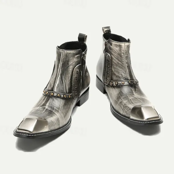 Men's Metallic Silver Leather Chelsea Motorcycle Boots – Pointed Toe Ankle Boots with Studded Detailing and Metal Toe Cap