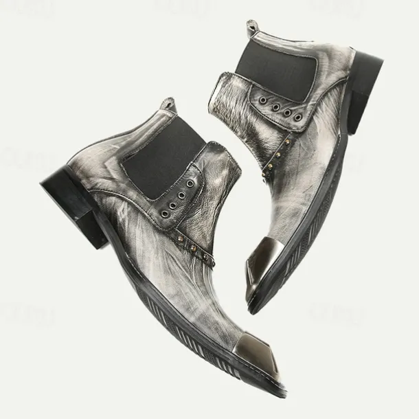 Men's Metallic Silver Leather Chelsea Motorcycle Boots – Pointed Toe Ankle Boots with Studded Detailing and Metal Toe Cap