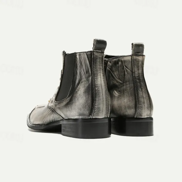 Men's Metallic Silver Leather Chelsea Motorcycle Boots – Pointed Toe Ankle Boots with Studded Detailing and Metal Toe Cap