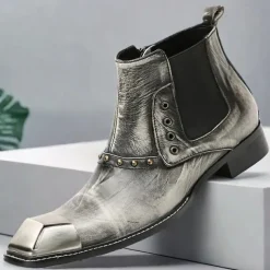 Men's Metallic Silver Leather Chelsea Motorcycle Boots – Pointed Toe Ankle Boots with Studded Detailing and Metal Toe Cap