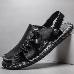 Men's Microfiber Leather Sandals Black Summer Sandals Slippers Handmade Shoes Flat Sandals Plus Size Casual Outdoor Vacation Beach Breathable Elastic Band Shoes Red Brown Yellow brown