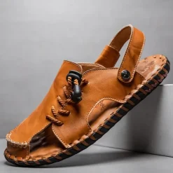 Men's Microfiber Leather Sandals Black Summer Sandals Slippers Handmade Shoes Flat Sandals Plus Size Casual Outdoor Vacation Beach Breathable Elastic Band Shoes Red Brown Yellow brown