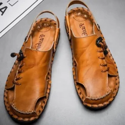 Men's Microfiber Leather Sandals Black Summer Sandals Slippers Handmade Shoes Flat Sandals Plus Size Casual Outdoor Vacation Beach Breathable Elastic Band Shoes Red Brown Yellow brown