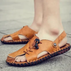 Men's Microfiber Leather Sandals Black Summer Sandals Slippers Handmade Shoes Flat Sandals Plus Size Casual Outdoor Vacation Beach Breathable Elastic Band Shoes Red Brown Yellow brown