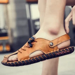 Men's Microfiber Leather Sandals Black Summer Sandals Slippers Handmade Shoes Flat Sandals Plus Size Casual Outdoor Vacation Beach Breathable Elastic Band Shoes Red Brown Yellow brown