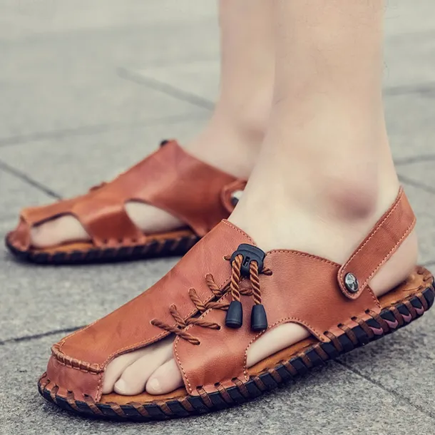 Men's Microfiber Leather Sandals Black Summer Sandals Slippers Handmade Shoes Flat Sandals Plus Size Casual Outdoor Vacation Beach Breathable Elastic Band Shoes Red Brown Yellow brown