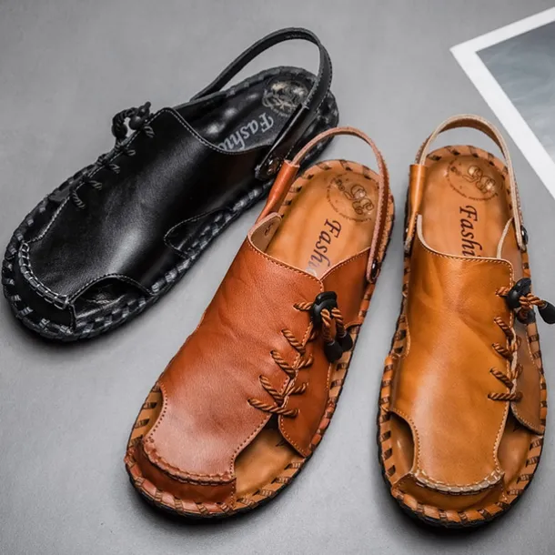 Men's Microfiber Leather Sandals Black Summer Sandals Slippers Handmade Shoes Flat Sandals Plus Size Casual Outdoor Vacation Beach Breathable Elastic Band Shoes Red Brown Yellow brown