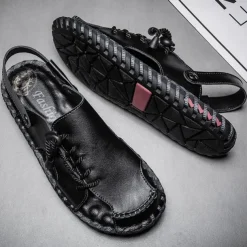 Men's Microfiber Leather Sandals Black Summer Sandals Slippers Handmade Shoes Flat Sandals Plus Size Casual Outdoor Vacation Beach Breathable Elastic Band Shoes Red Brown Yellow brown