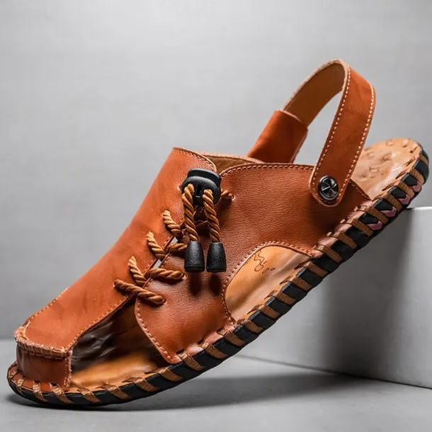 Men's Microfiber Leather Sandals Black Summer Sandals Slippers Handmade Shoes Flat Sandals Plus Size Casual Outdoor Vacation Beach Breathable Elastic Band Shoes Red Brown Yellow brown