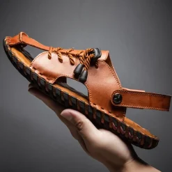 Men's Microfiber Leather Sandals Black Summer Sandals Slippers Handmade Shoes Flat Sandals Plus Size Casual Outdoor Vacation Beach Breathable Elastic Band Shoes Red Brown Yellow brown