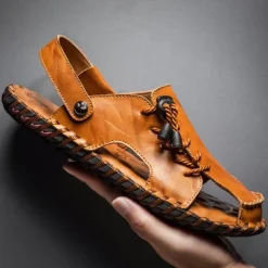 Men's Microfiber Leather Sandals Black Summer Sandals Slippers Handmade Shoes Flat Sandals Plus Size Casual Outdoor Vacation Beach Breathable Elastic Band Shoes Red Brown Yellow brown