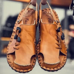 Men's Microfiber Leather Sandals Black Summer Sandals Slippers Handmade Shoes Flat Sandals Plus Size Casual Outdoor Vacation Beach Breathable Elastic Band Shoes Red Brown Yellow brown