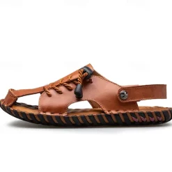 Men's Microfiber Leather Sandals Black Summer Sandals Slippers Handmade Shoes Flat Sandals Plus Size Casual Outdoor Vacation Beach Breathable Elastic Band Shoes Red Brown Yellow brown