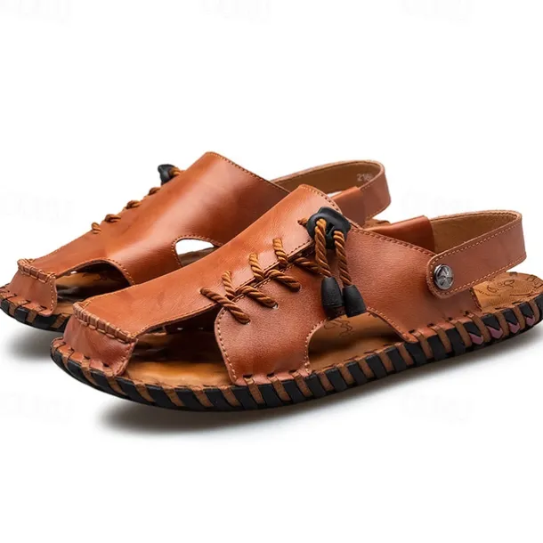 Men's Microfiber Leather Sandals Black Summer Sandals Slippers Handmade Shoes Flat Sandals Plus Size Casual Outdoor Vacation Beach Breathable Elastic Band Shoes Red Brown Yellow brown