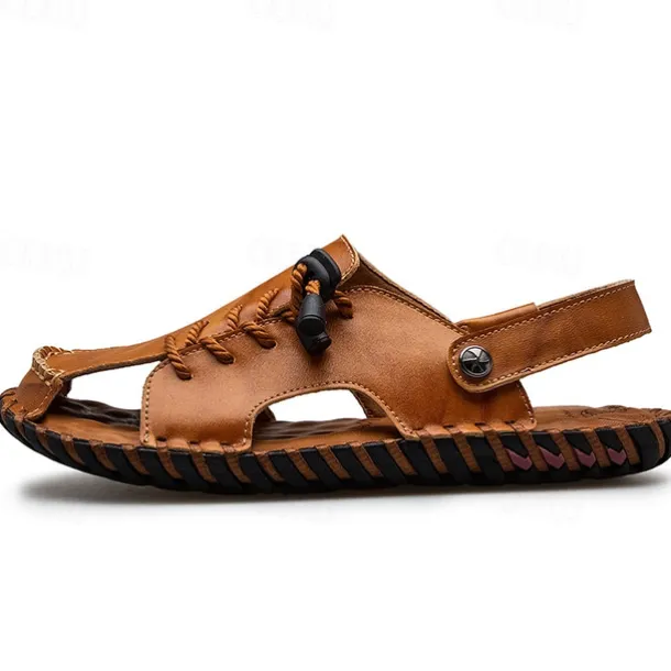 Men's Microfiber Leather Sandals Black Summer Sandals Slippers Handmade Shoes Flat Sandals Plus Size Casual Outdoor Vacation Beach Breathable Elastic Band Shoes Red Brown Yellow brown