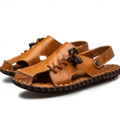 Men's Microfiber Leather Sandals Black Summer Sandals Slippers Handmade Shoes Flat Sandals Plus Size Casual Outdoor Vacation Beach Breathable Elastic Band Shoes Red Brown Yellow brown