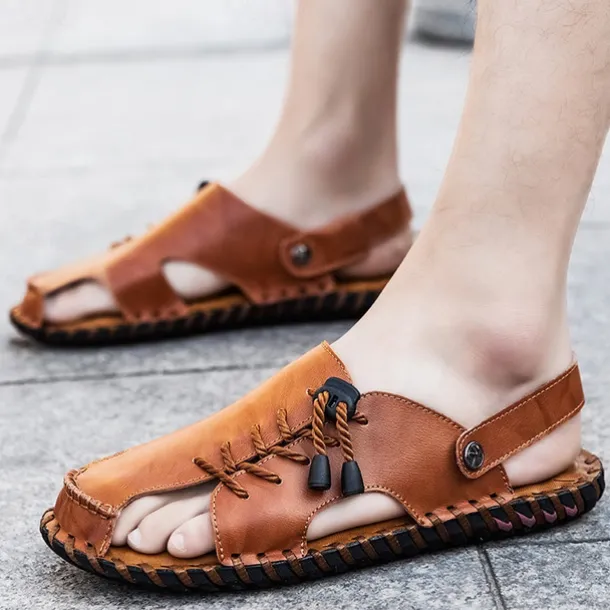 Men's Microfiber Leather Sandals Black Summer Sandals Slippers Handmade Shoes Flat Sandals Plus Size Casual Outdoor Vacation Beach Breathable Elastic Band Shoes Red Brown Yellow brown