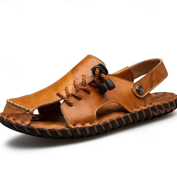 Men's Microfiber Leather Sandals Black Summer Sandals Slippers Handmade Shoes Flat Sandals Plus Size Casual Outdoor Vacation Beach Breathable Elastic Band Shoes Red Brown Yellow brown