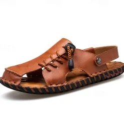 Men's Microfiber Leather Sandals Black Summer Sandals Slippers Handmade Shoes Flat Sandals Plus Size Casual Outdoor Vacation Beach Breathable Elastic Band Shoes Red Brown Yellow brown