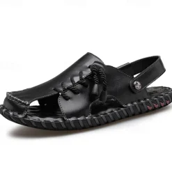 Men's Microfiber Leather Sandals Black Summer Sandals Slippers Handmade Shoes Flat Sandals Plus Size Casual Outdoor Vacation Beach Breathable Elastic Band Shoes Red Brown Yellow brown