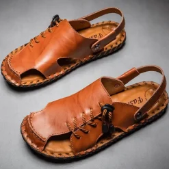 Men's Microfiber Leather Sandals Black Summer Sandals Slippers Handmade Shoes Flat Sandals Plus Size Casual Outdoor Vacation Beach Breathable Elastic Band Shoes Red Brown Yellow brown