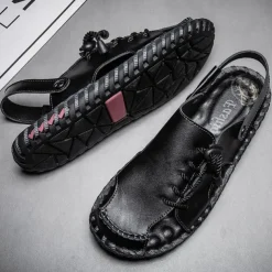 Men's Microfiber Leather Sandals Black Summer Sandals Slippers Handmade Shoes Flat Sandals Plus Size Casual Outdoor Vacation Beach Breathable Elastic Band Shoes Red Brown Yellow brown