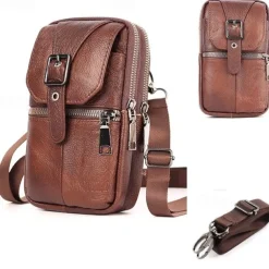 Men's Multi Functional Genuine Leather Shoulder Bag Cell Phone Crossbody Purse Phone Holster Case Leather Belt Waist Pouch Small Messenger Bag