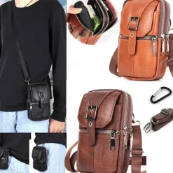 Men's Multi Functional Genuine Leather Shoulder Bag Cell Phone Crossbody Purse Phone Holster Case Leather Belt Waist Pouch Small Messenger Bag