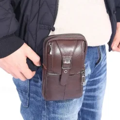 Men's Multi Functional Genuine Leather Shoulder Bag Cell Phone Crossbody Purse Phone Holster Case Leather Belt Waist Pouch Small Messenger Bag