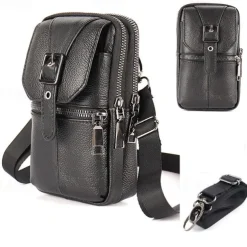 Men's Multi Functional Genuine Leather Shoulder Bag Cell Phone Crossbody Purse Phone Holster Case Leather Belt Waist Pouch Small Messenger Bag