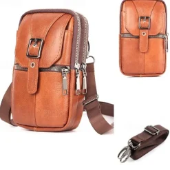 Men's Multi Functional Genuine Leather Shoulder Bag Cell Phone Crossbody Purse Phone Holster Case Leather Belt Waist Pouch Small Messenger Bag