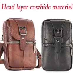 Men's Multi Functional Genuine Leather Shoulder Bag Cell Phone Crossbody Purse Phone Holster Case Leather Belt Waist Pouch Small Messenger Bag
