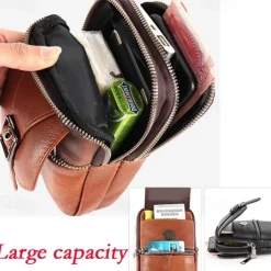 Men's Multi Functional Genuine Leather Shoulder Bag Cell Phone Crossbody Purse Phone Holster Case Leather Belt Waist Pouch Small Messenger Bag