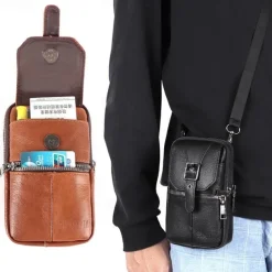 Men's Multi Functional Genuine Leather Shoulder Bag Cell Phone Crossbody Purse Phone Holster Case Leather Belt Waist Pouch Small Messenger Bag