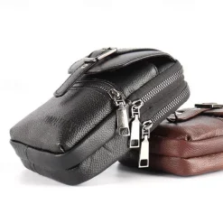Men's Multi Functional Genuine Leather Shoulder Bag Cell Phone Crossbody Purse Phone Holster Case Leather Belt Waist Pouch Small Messenger Bag