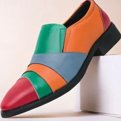 Men's Multicolor Patchwork Slip-On Dress Shoes – Bold Vintage-Inspired Loafers for Parties, Stage Performances & Fashion Events