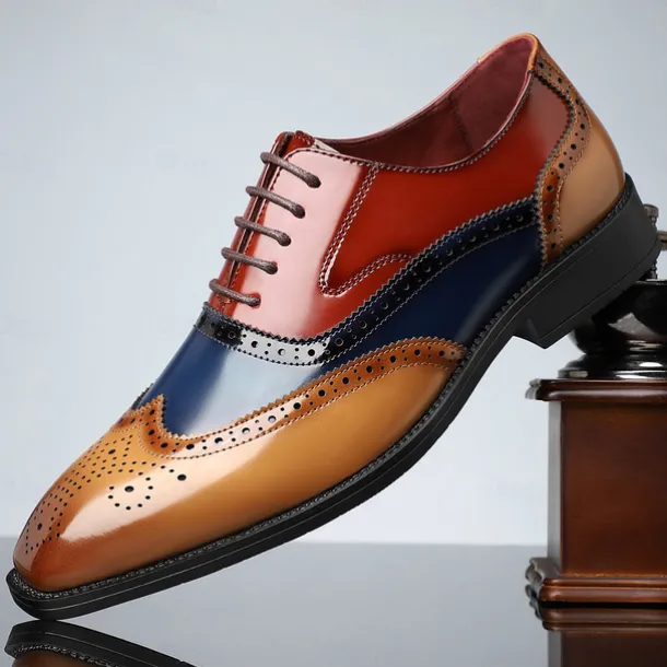 Men's Multicolor Patent Leather Oxford Shoes – Wingtip Brogue Design, Formal Lace-Up Dress Shoes for Weddings and Business Events