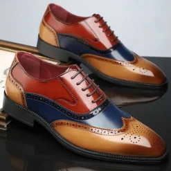 Men's Multicolor Patent Leather Oxford Shoes – Wingtip Brogue Design, Formal Lace-Up Dress Shoes for Weddings and Business Events