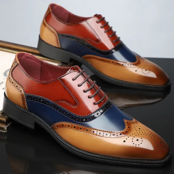 Men's Multicolor Patent Leather Oxford Shoes – Wingtip Brogue Design, Formal Lace-Up Dress Shoes for Weddings and Business Events