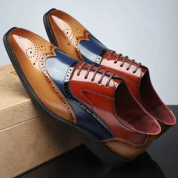 Men's Multicolor Patent Leather Oxford Shoes – Wingtip Brogue Design, Formal Lace-Up Dress Shoes for Weddings and Business Events