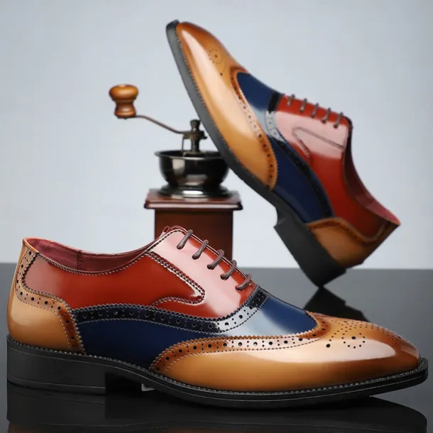 Men's Multicolor Patent Leather Oxford Shoes – Wingtip Brogue Design, Formal Lace-Up Dress Shoes for Weddings and Business Events