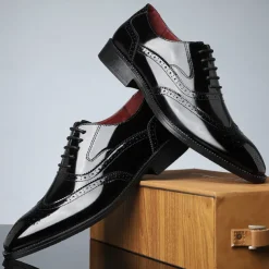 Men's Multicolor Patent Leather Oxford Shoes – Wingtip Brogue Design, Formal Lace-Up Dress Shoes for Weddings and Business Events