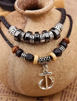 Men's Multi-Layer Anchor Pendant Necklace - Frosted Rope, Black Gallstone, Wooden Beads, and Alloy, Adjustable Length, Nautical Style for Casual and Beachwear