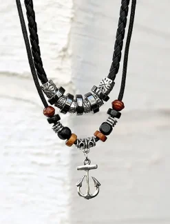 Men's Multi-Layer Anchor Pendant Necklace - Frosted Rope, Black Gallstone, Wooden Beads, and Alloy, Adjustable Length, Nautical Style for Casual and Beachwear