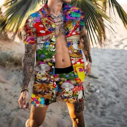 Men's Mushroom 2pcs Shirts Sets Summer Hawaiian Shirt Short Sleeve Short Pants Turndown Fashion Streetwear Designer Outdoor Street Casual Print Summer Spring Purple