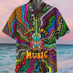 Men's Music Hippie Shirt Summer Hawaiian Shirt Button Up Shirt Short Sleeve Sports Fashion Streetwear Outdoor Casual Hawaiian Summer Spring Cuban Collar Print Blue Purple Rainbow