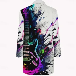 Men's Musical Instrument Winter Coat Overcoat Jacket Warm Comfortable Casual Party Evening Wear Daily Wear Buttons 3D Print Front Pocket Fall & Winter Turndown Long Sleeve Ink Blue